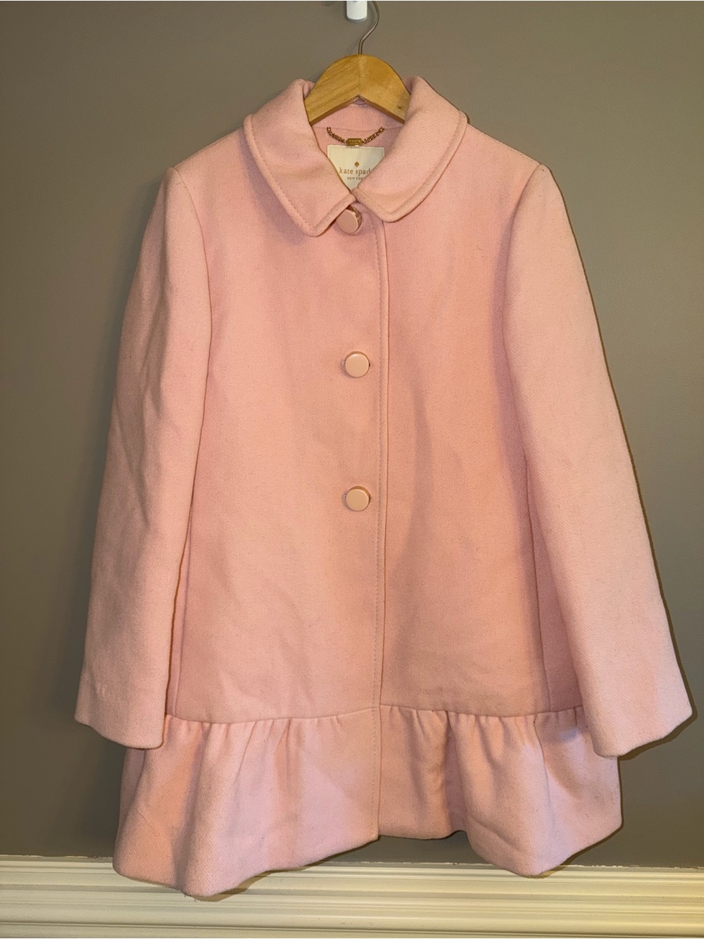 Kate Spade New York Pink Wool Blend Peacoat with Ruffle Hem